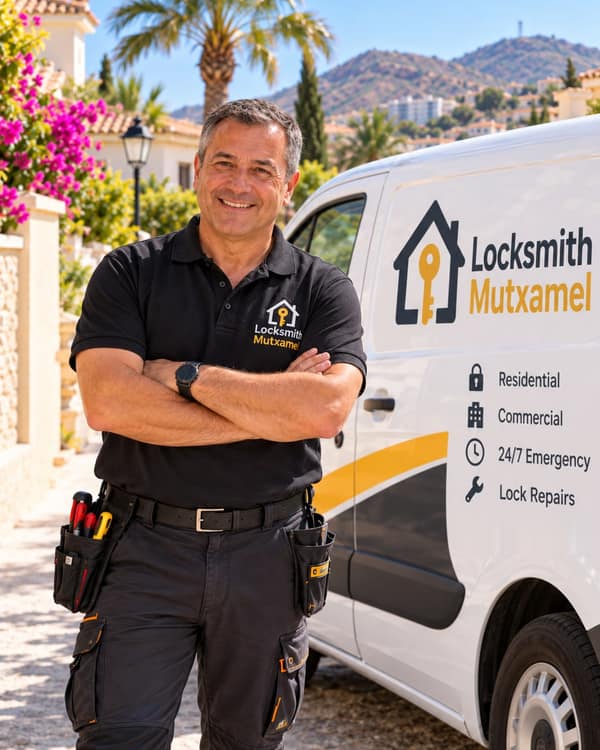 A man in a black work polo stands with his arms crossed beside a white van, a palm tree and pink bougainvillea behind him